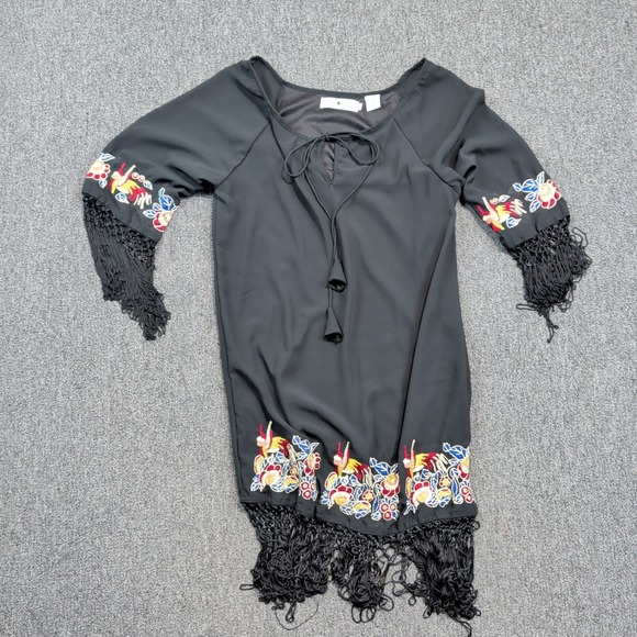 Rancho Estancia Boho Western Embroidered Fringe Shift Dress Small Black Tassel — photo 2